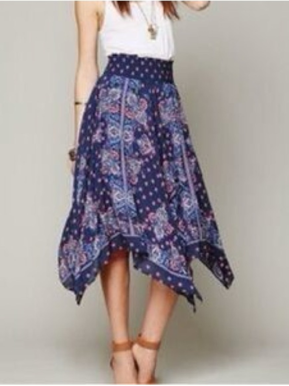 Free People Navy Blue Paisley Asymmetrical Handkerchief Skirt